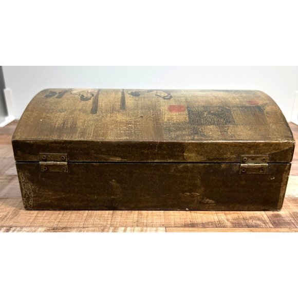 Vtg Japanese Hand Painted Wooden Jewelry Box With Traditional Scene Dome Top - Picture 6 of 8